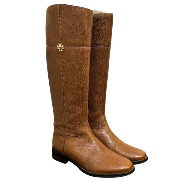 Tory Burch Brown Leather Riding Boots Size 8 With Gold Logo Detail - Picture 2 of 12
